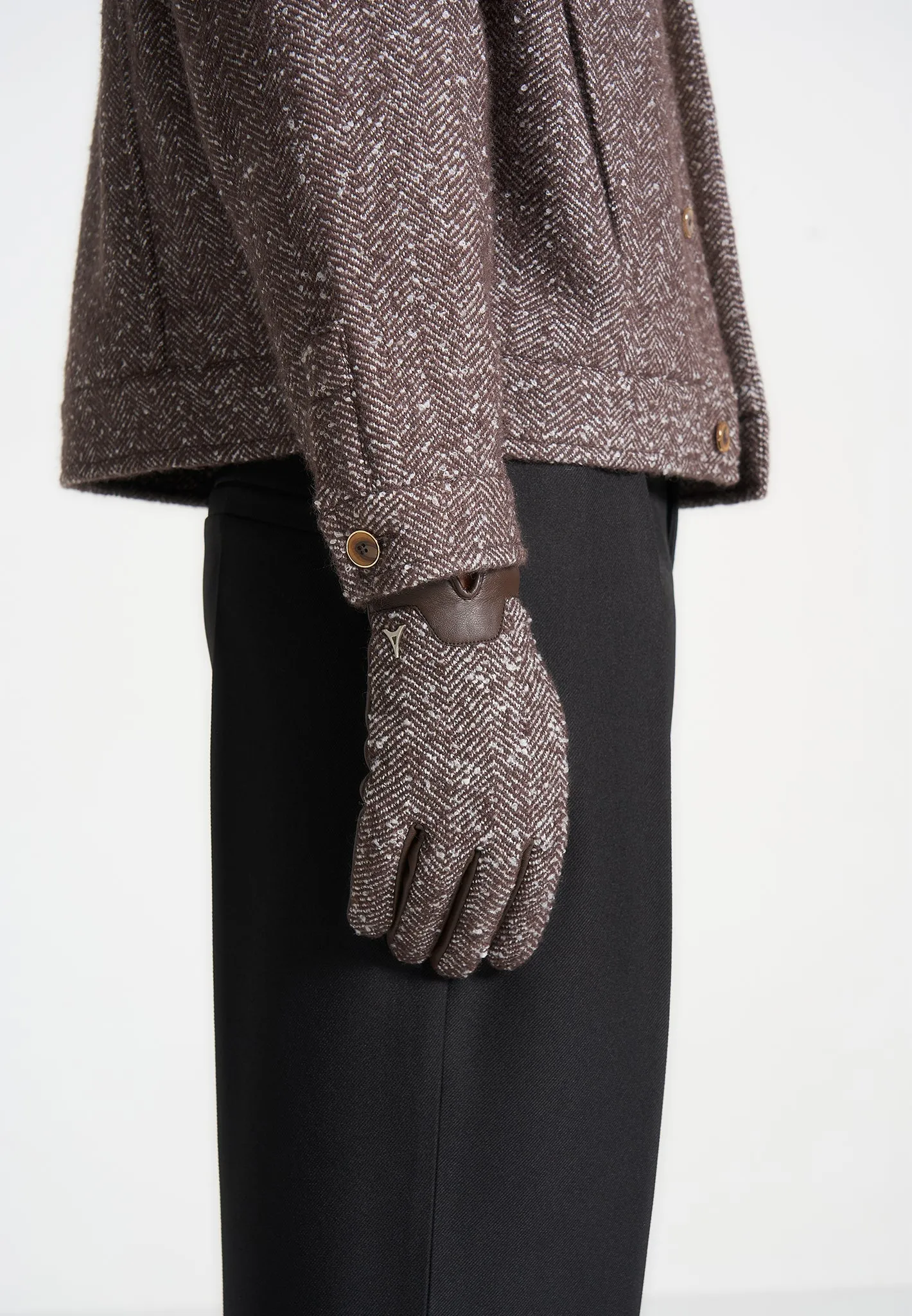 Leather and Herringbone Gloves - Brown