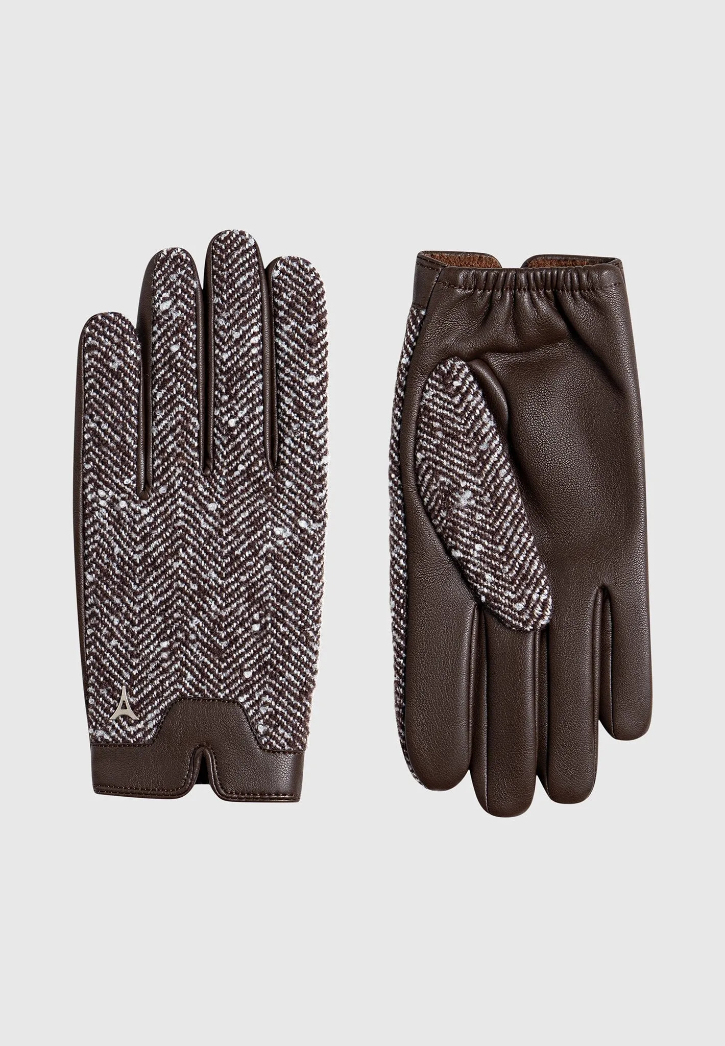 Leather and Herringbone Gloves - Brown