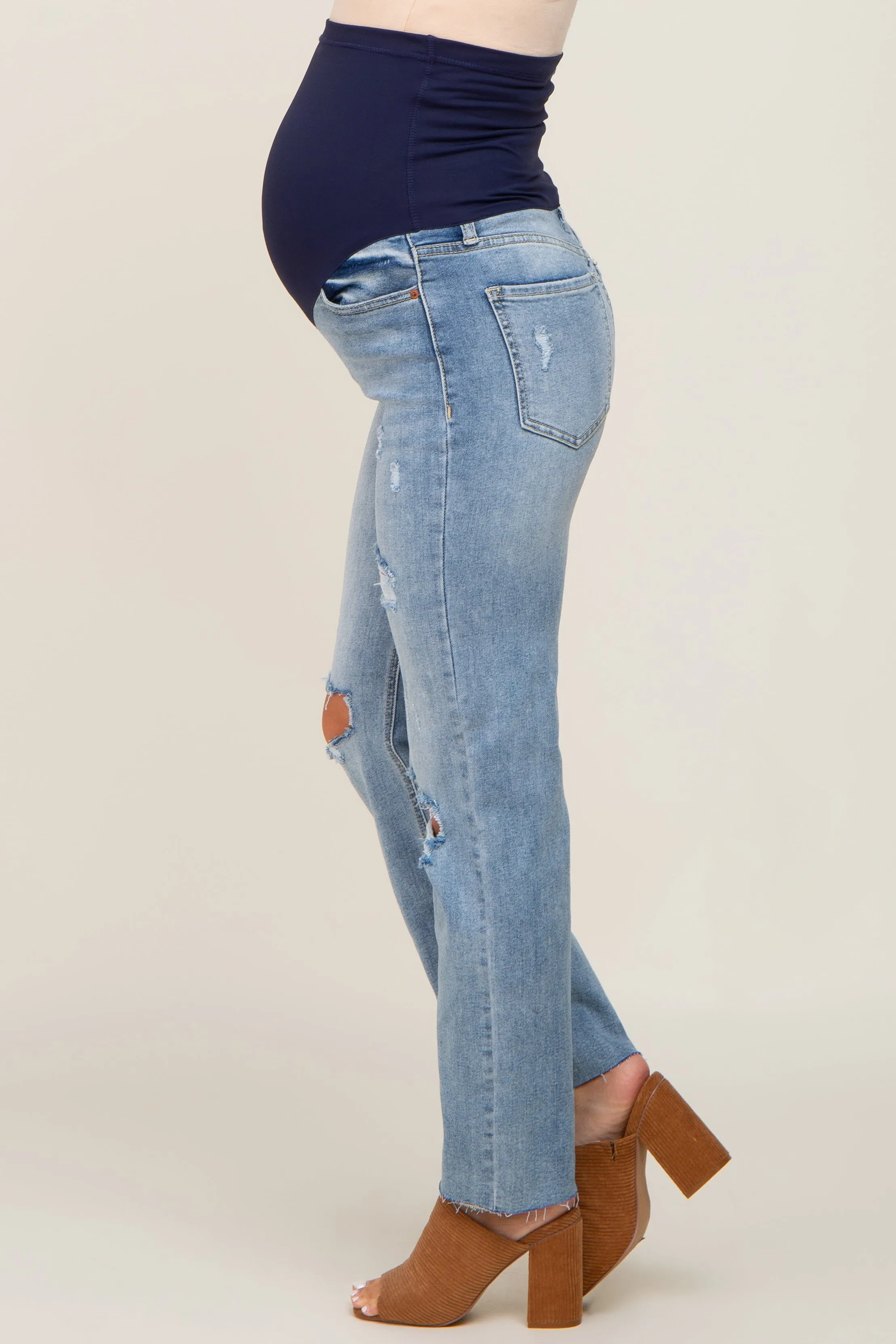 Light Blue Cropped Distressed Maternity Jeans