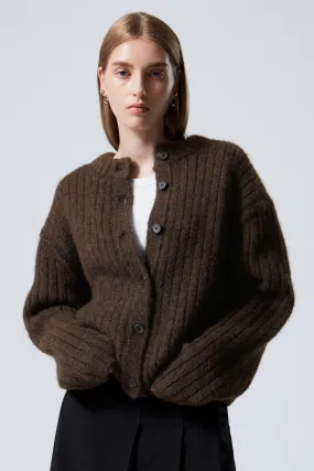 Loose Knitted Cardigan - Round neck - Long sleeve - Dark Brown Melange - Ladies | H&M GB