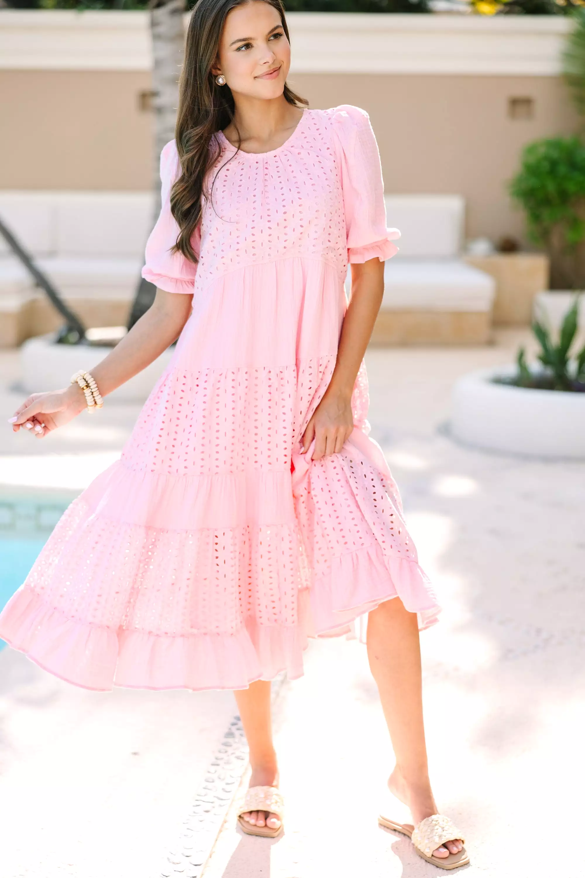 Making Moves Pink Eyelet Midi Dress