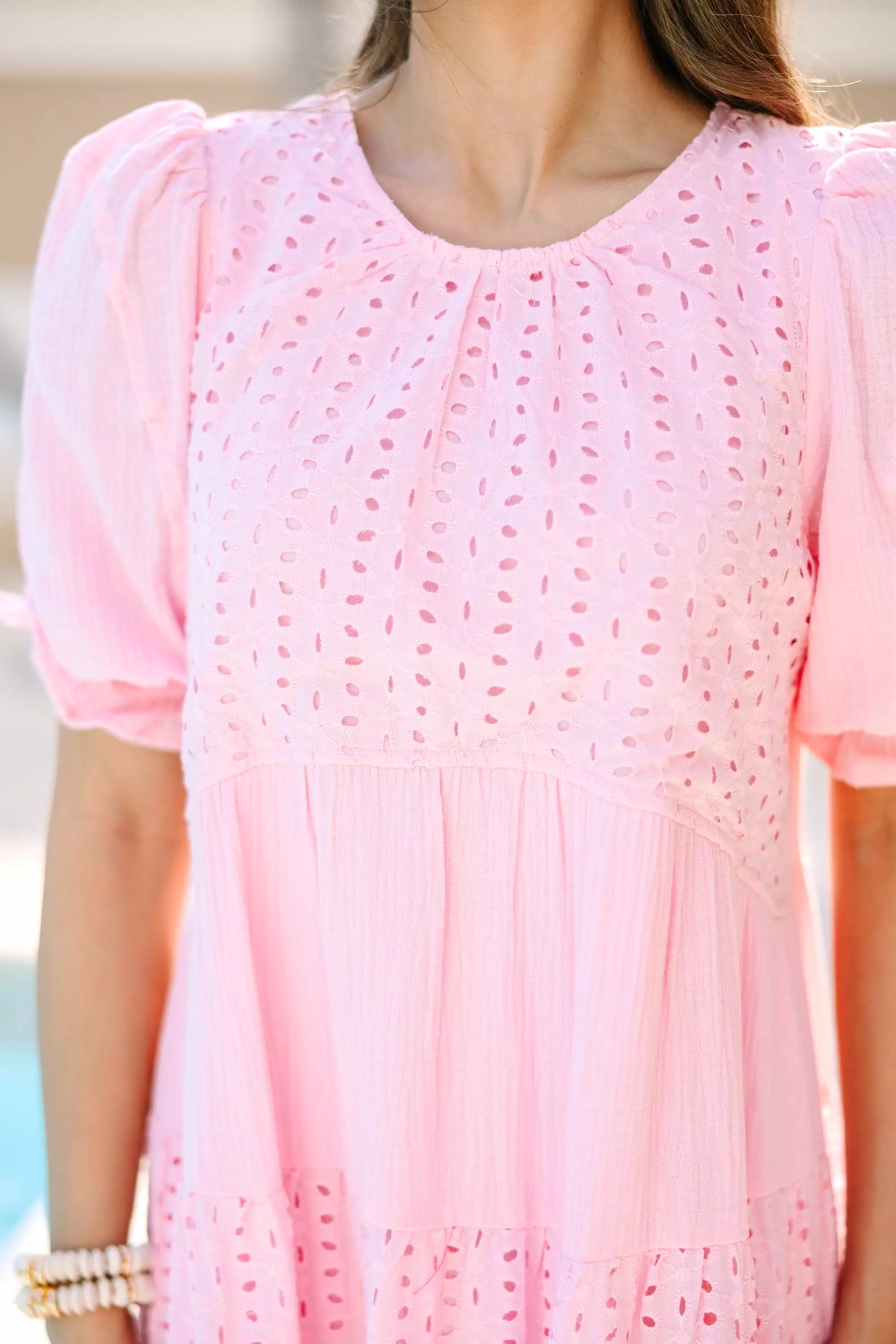 Making Moves Pink Eyelet Midi Dress