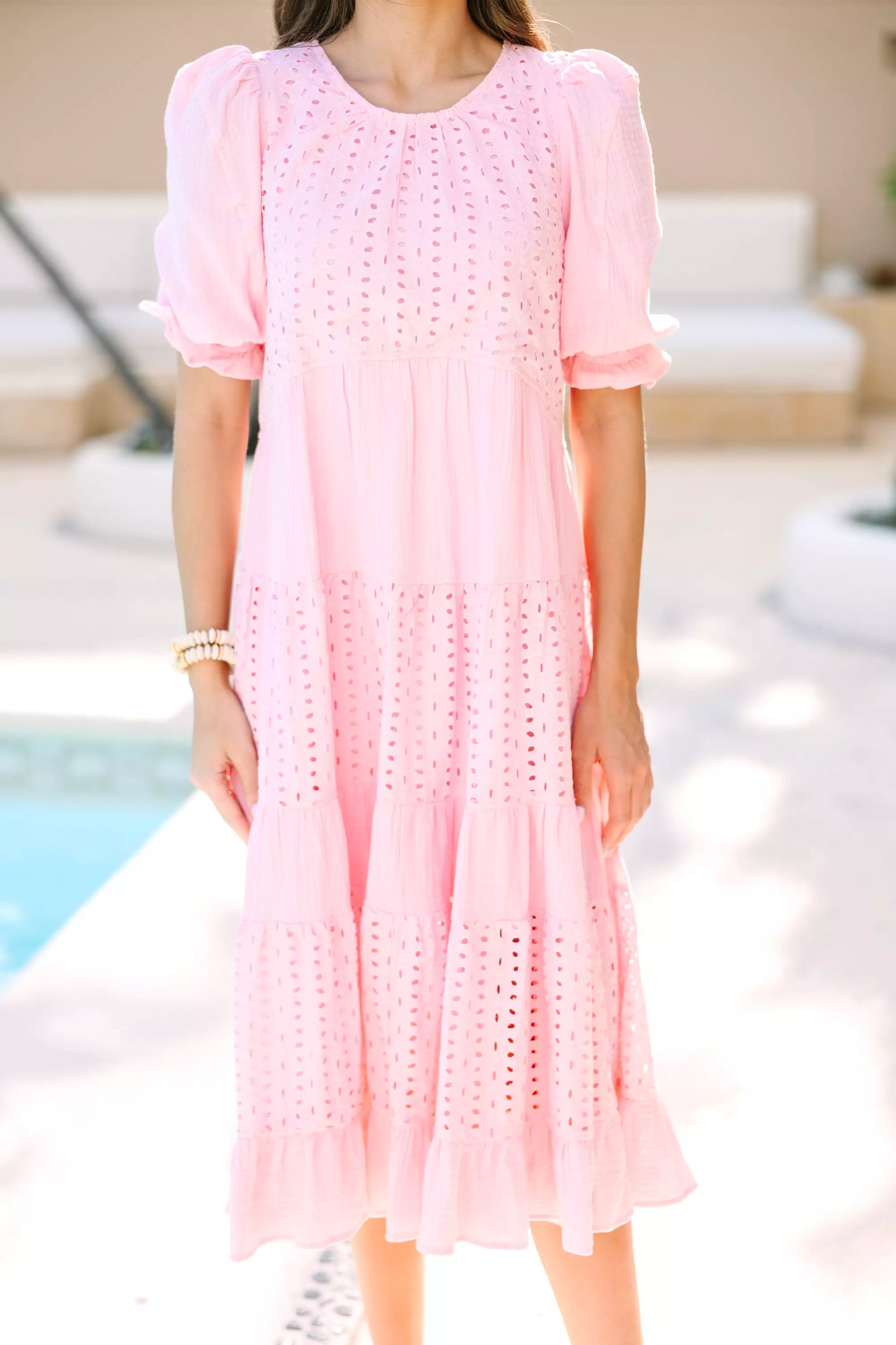 Making Moves Pink Eyelet Midi Dress