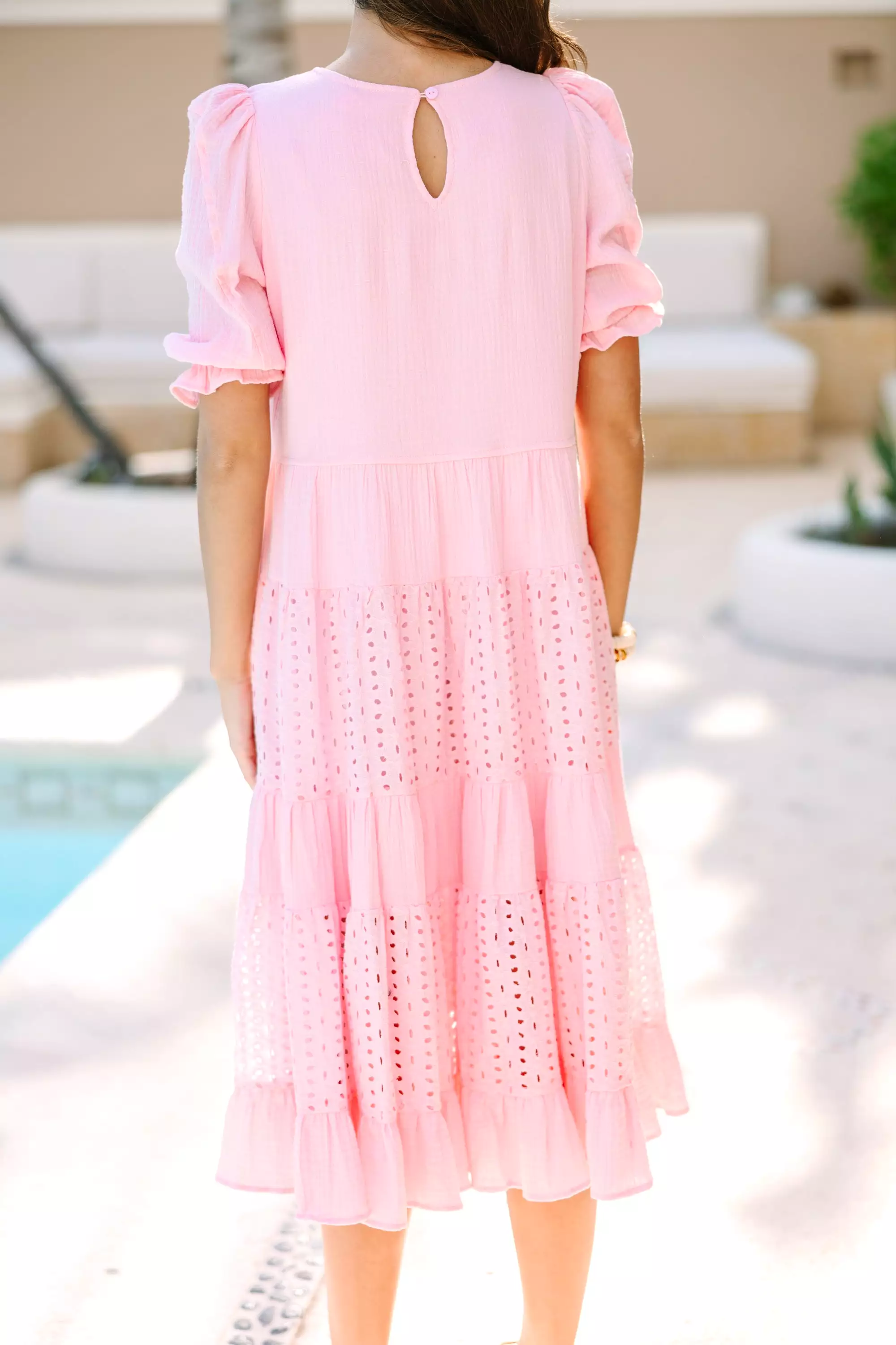 Making Moves Pink Eyelet Midi Dress