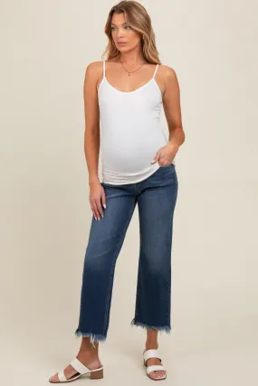 Navy Blue Fringe Hem Maternity Cropped Jeans