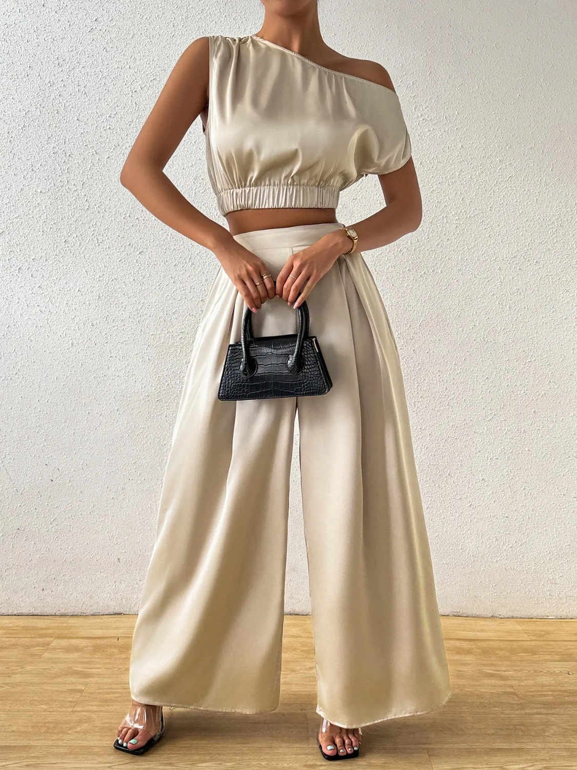 One Shoulder Short Sleeve Top and Wide Leg Pants Set