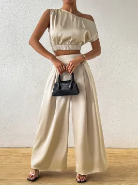 One Shoulder Short Sleeve Top and Wide Leg Pants Set