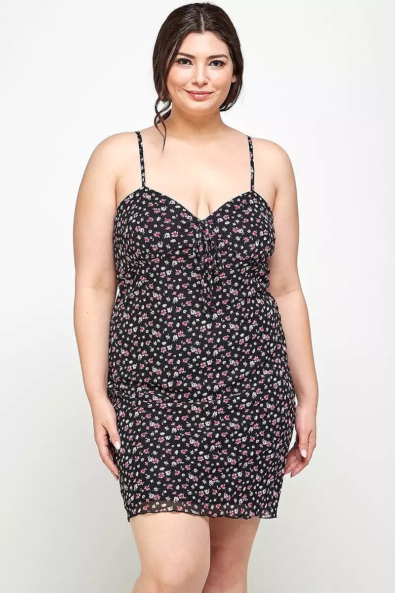 Plus Size Ditsy Floral Print On Mesh Fabric Cami Dress