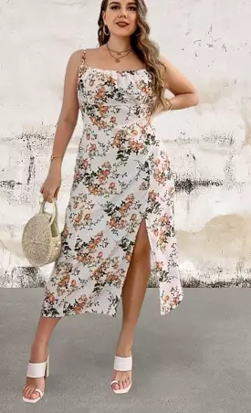 Plus size floral print side split cami dress