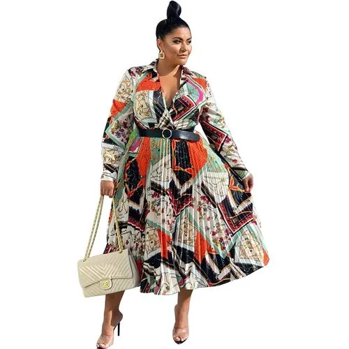 Regular Dress Elegant Sexy Turndown Pleated Pleated Long Sleeve Printing Midi Dress Street