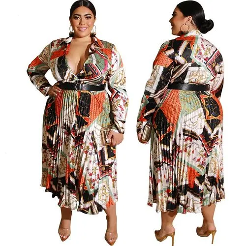 Regular Dress Elegant Sexy Turndown Pleated Pleated Long Sleeve Printing Midi Dress Street