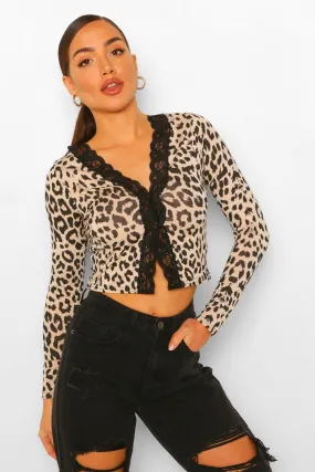 Ribbed Leopard Lace Trim Cardigan Top