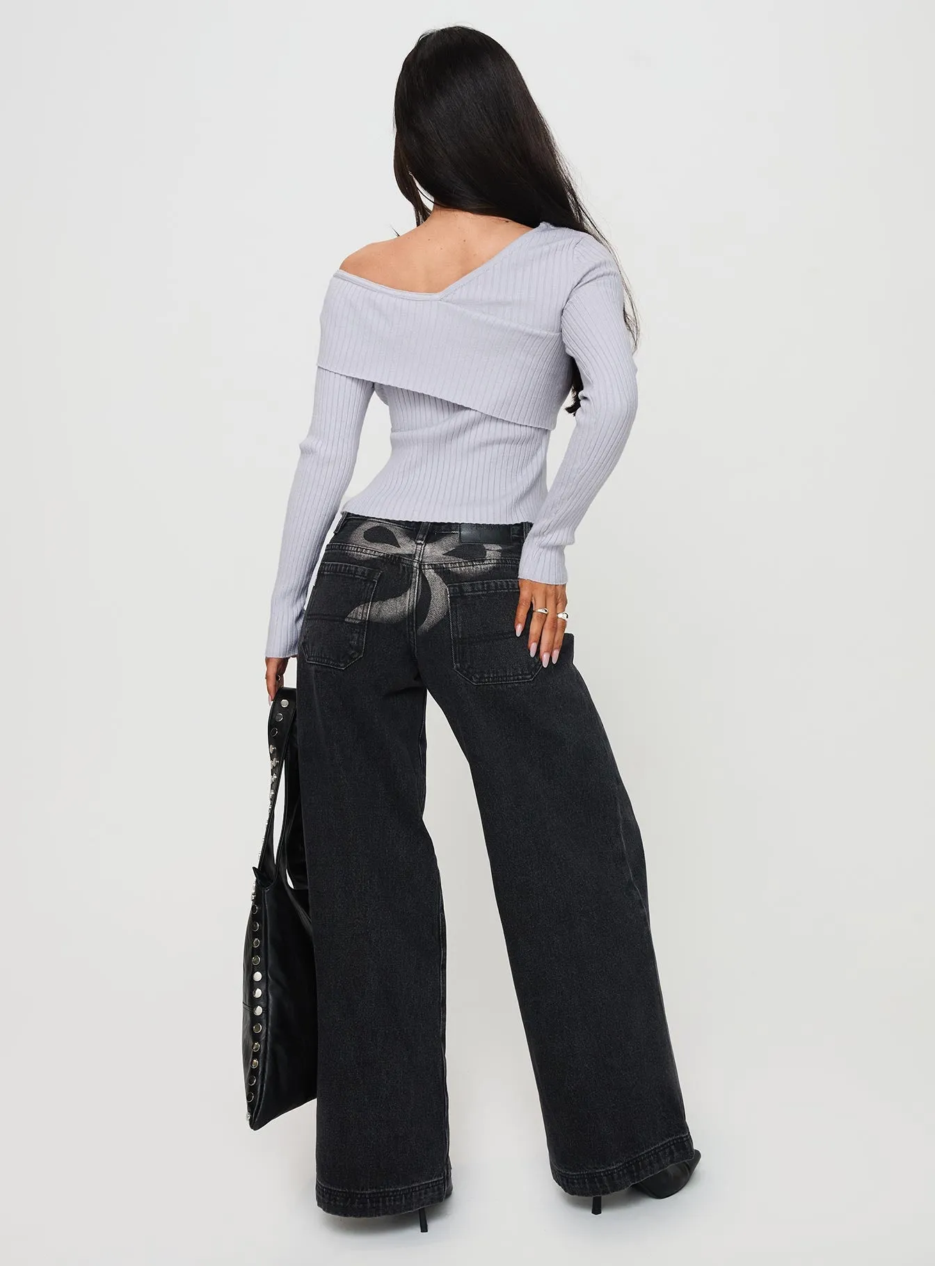 Ribbon Stamp Wide Leg Jeans Washed Black