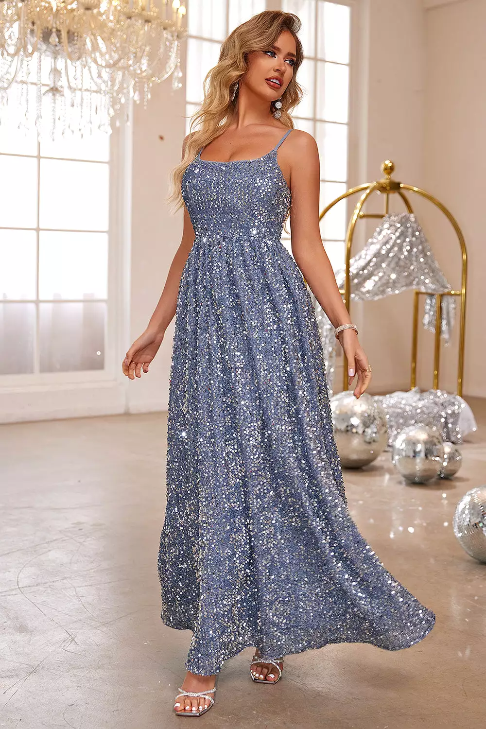 Silver Blue Sequin Square Neck Maxi Cami Dress