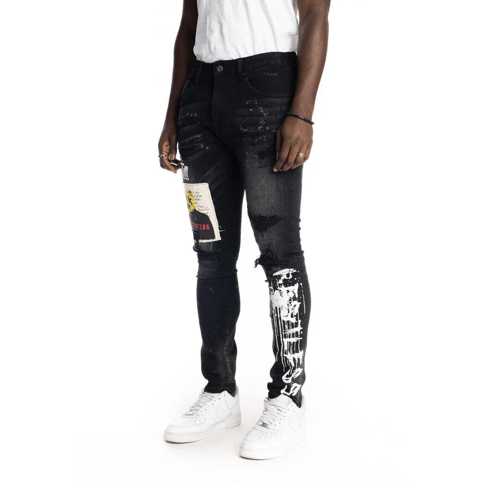 Slim Tapered Graphic Patched Jeans - Dusty Black