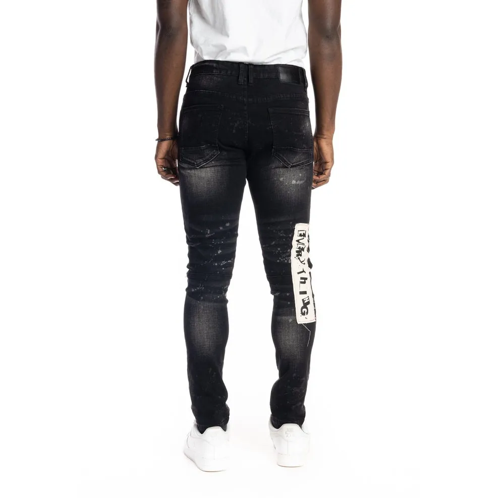 Slim Tapered Graphic Patched Jeans - Dusty Black