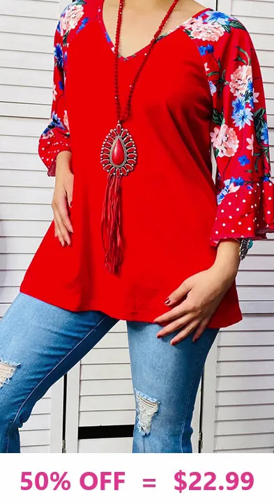 S,M,L Red Blouse with Floral Bell Sleeves