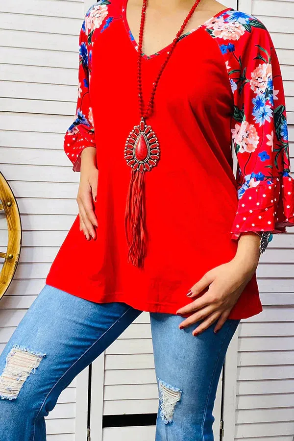 S,M,L Red Blouse with Floral Bell Sleeves