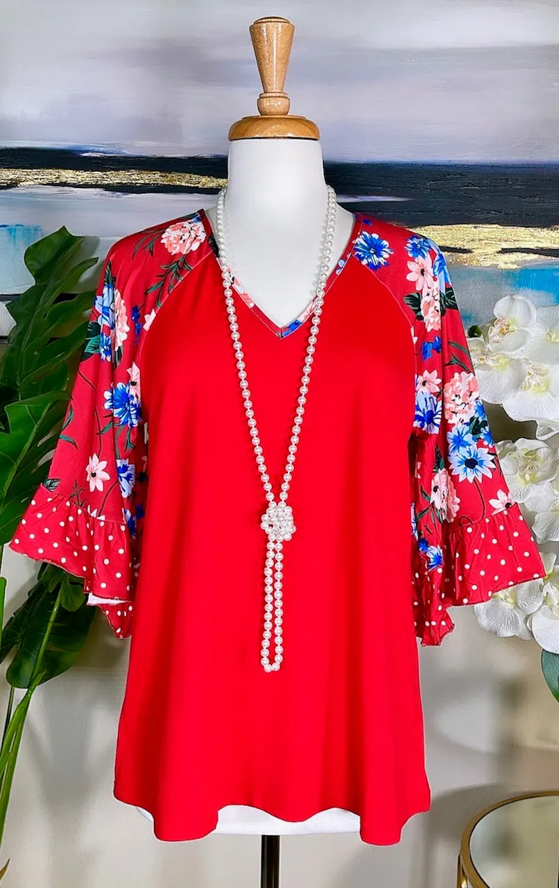 S,M,L Red Blouse with Floral Bell Sleeves