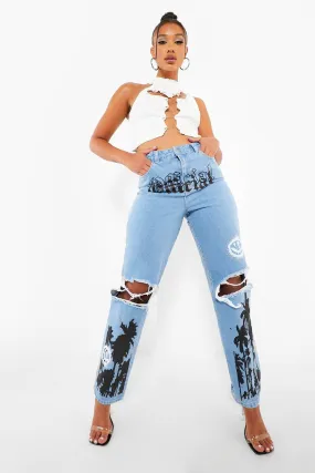 Straight Leg Busted Knee Jeans With Print