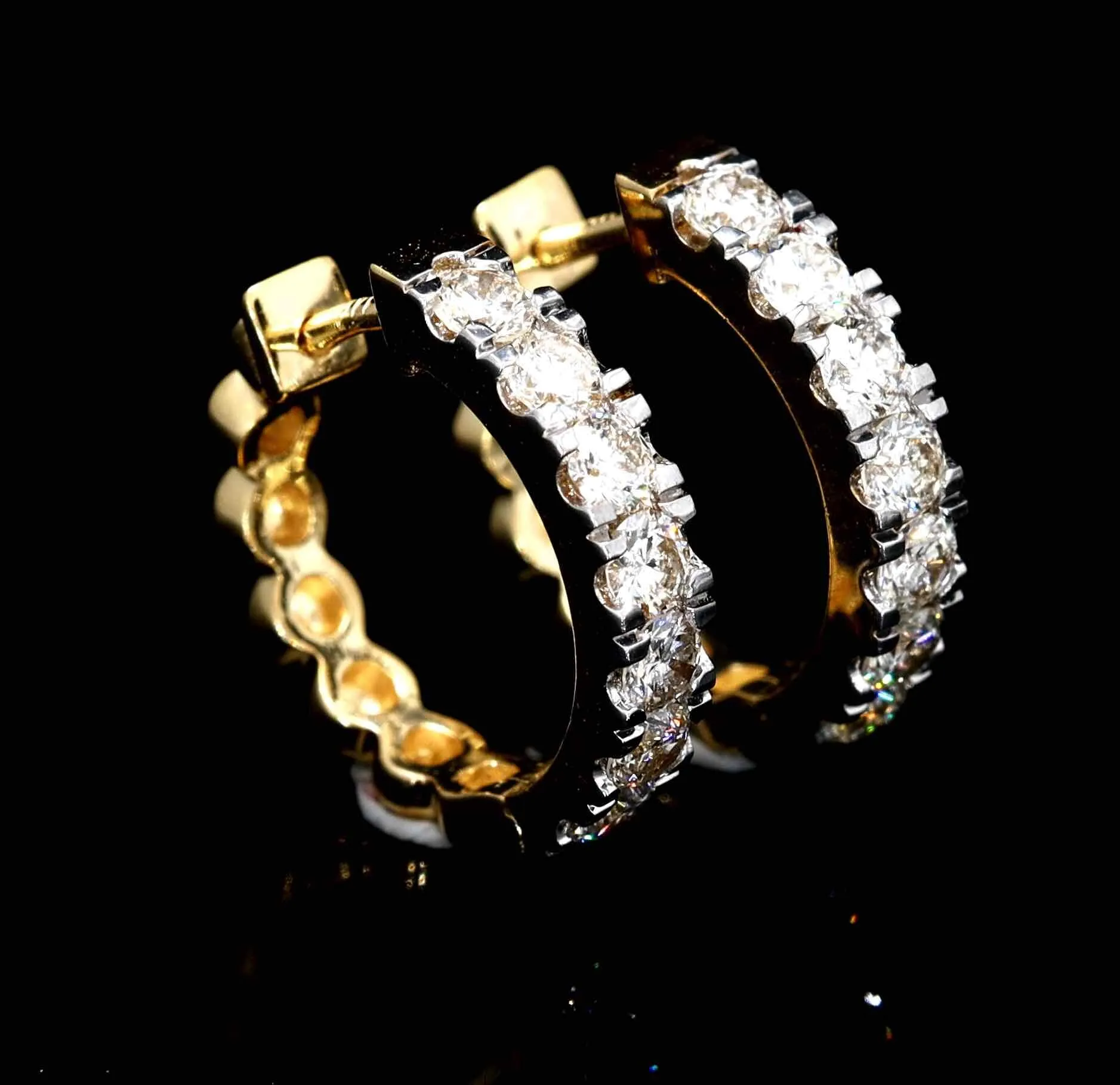 Tennis Hoop Huggie Diamond Earrings Solid 14K Gold