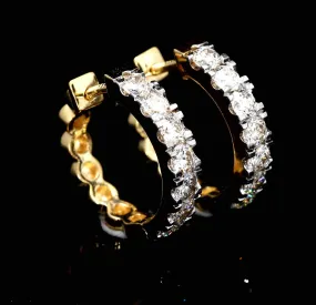 Tennis Hoop Huggie Diamond Earrings Solid 14K Gold