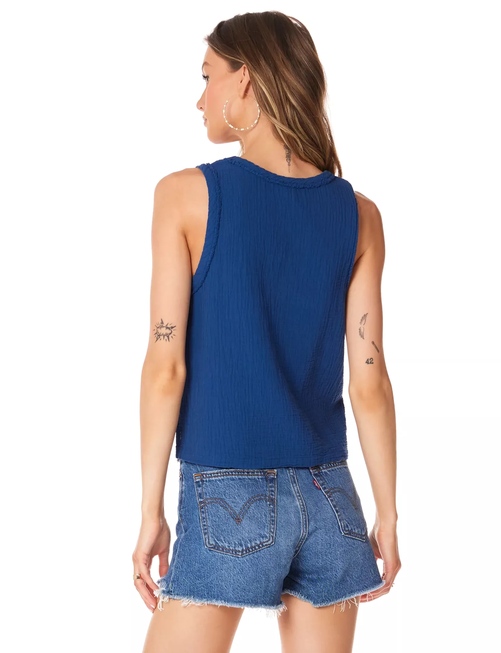 V-Neck Raw Edge Tank, Naval