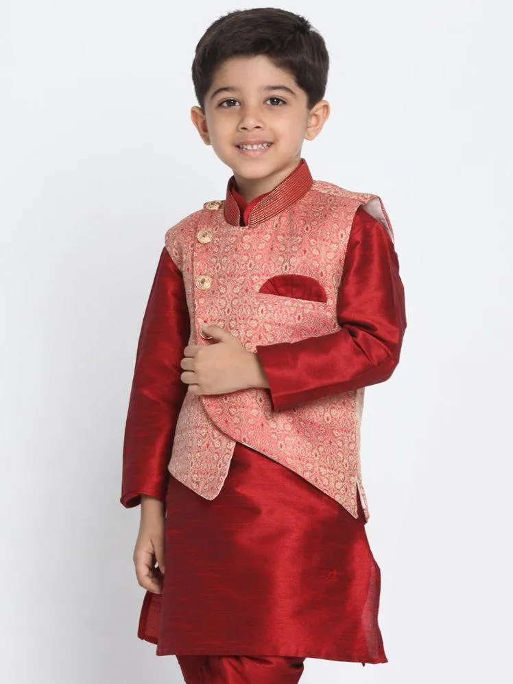 VASTRAMAY Boys' Pink Cotton Silk Blend Nehru Jacket