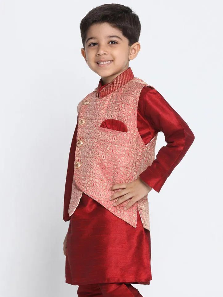 VASTRAMAY Boys' Pink Cotton Silk Blend Nehru Jacket