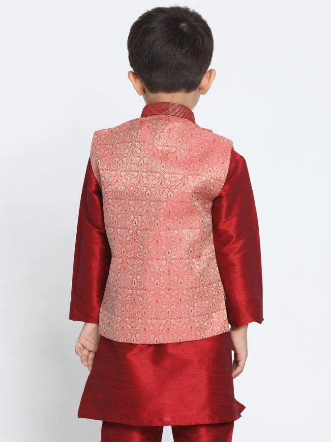 VASTRAMAY Boys' Pink Cotton Silk Blend Nehru Jacket