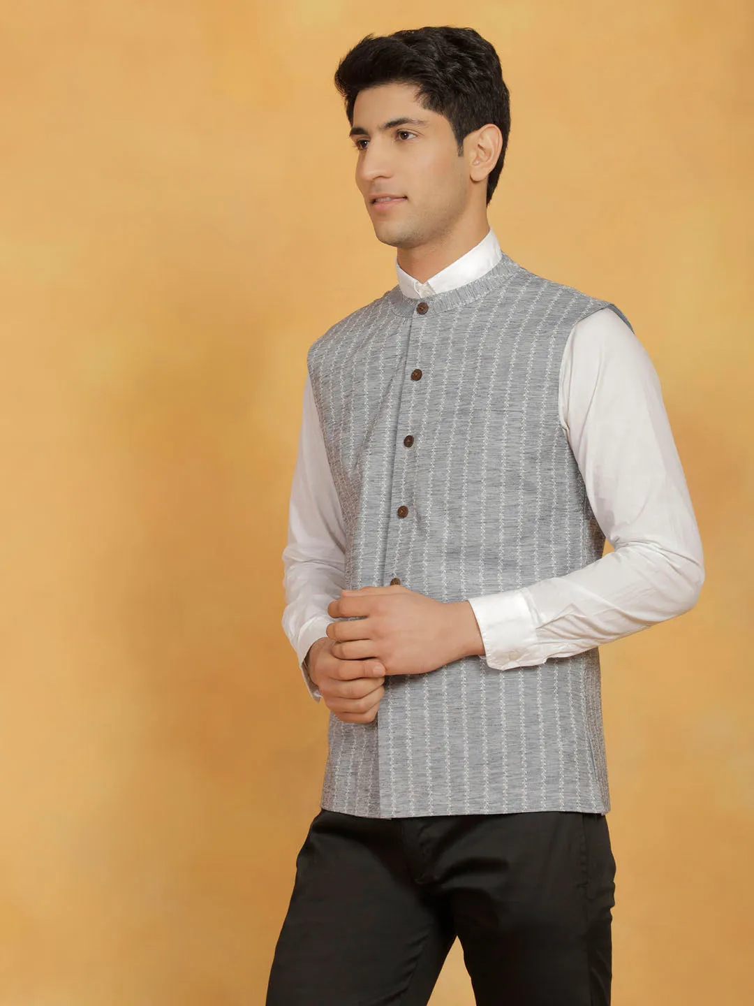 VASTRAMAY Men's Beige Cotton Nehru Jacket