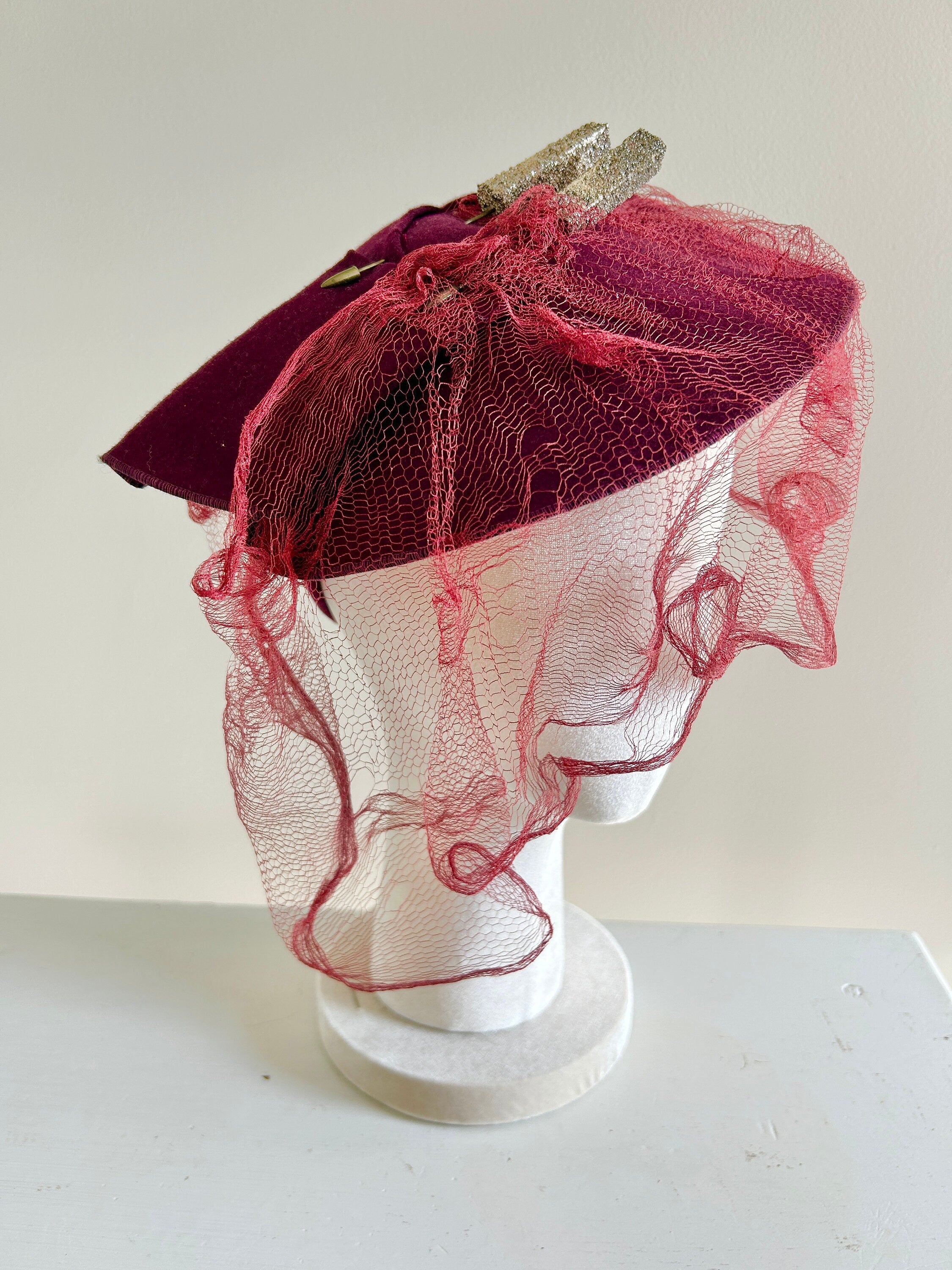 Vintage 1940s Burgundy Veiled Tilt Hat / 40s New York Creation Hat