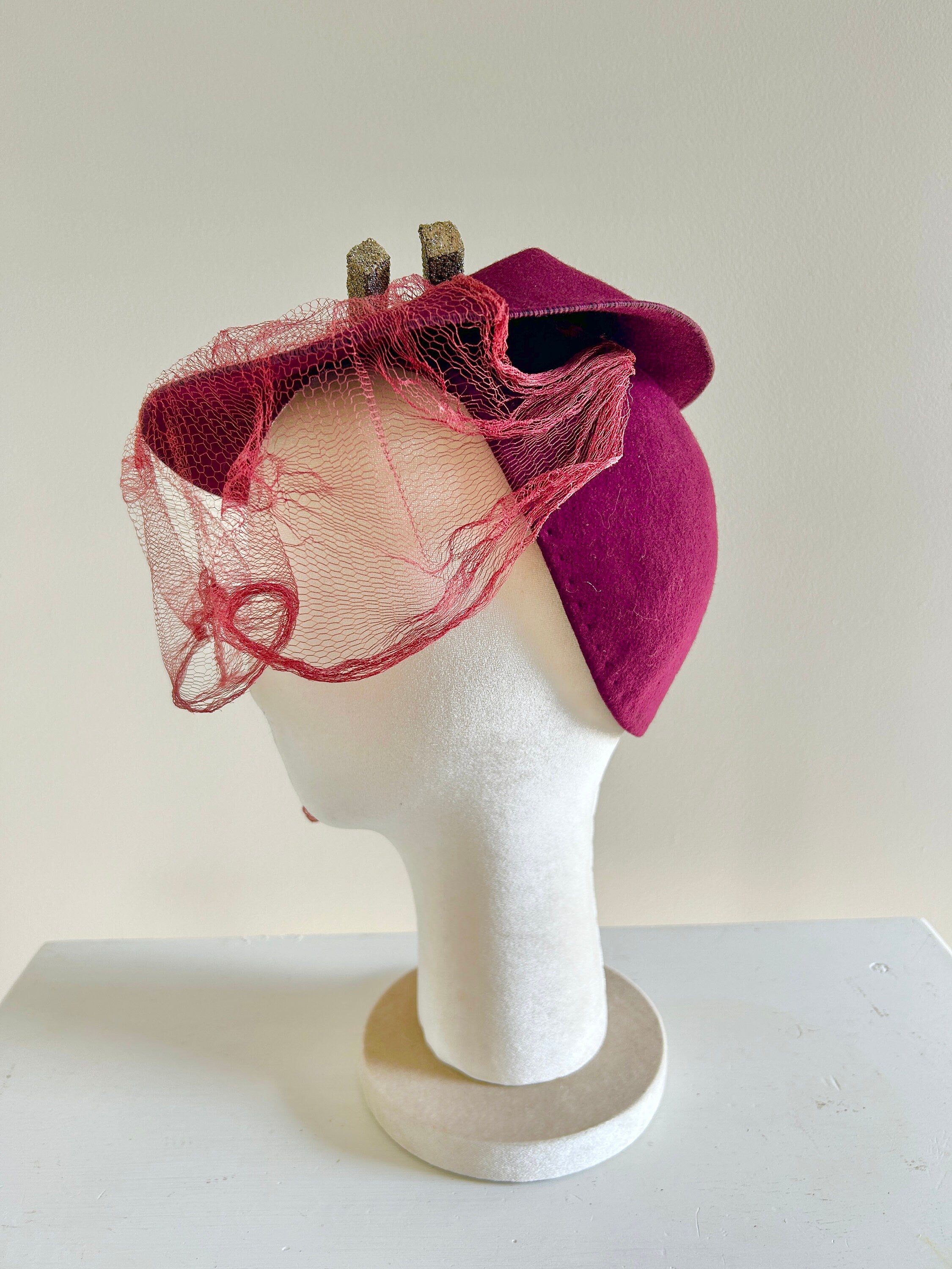 Vintage 1940s Burgundy Veiled Tilt Hat / 40s New York Creation Hat