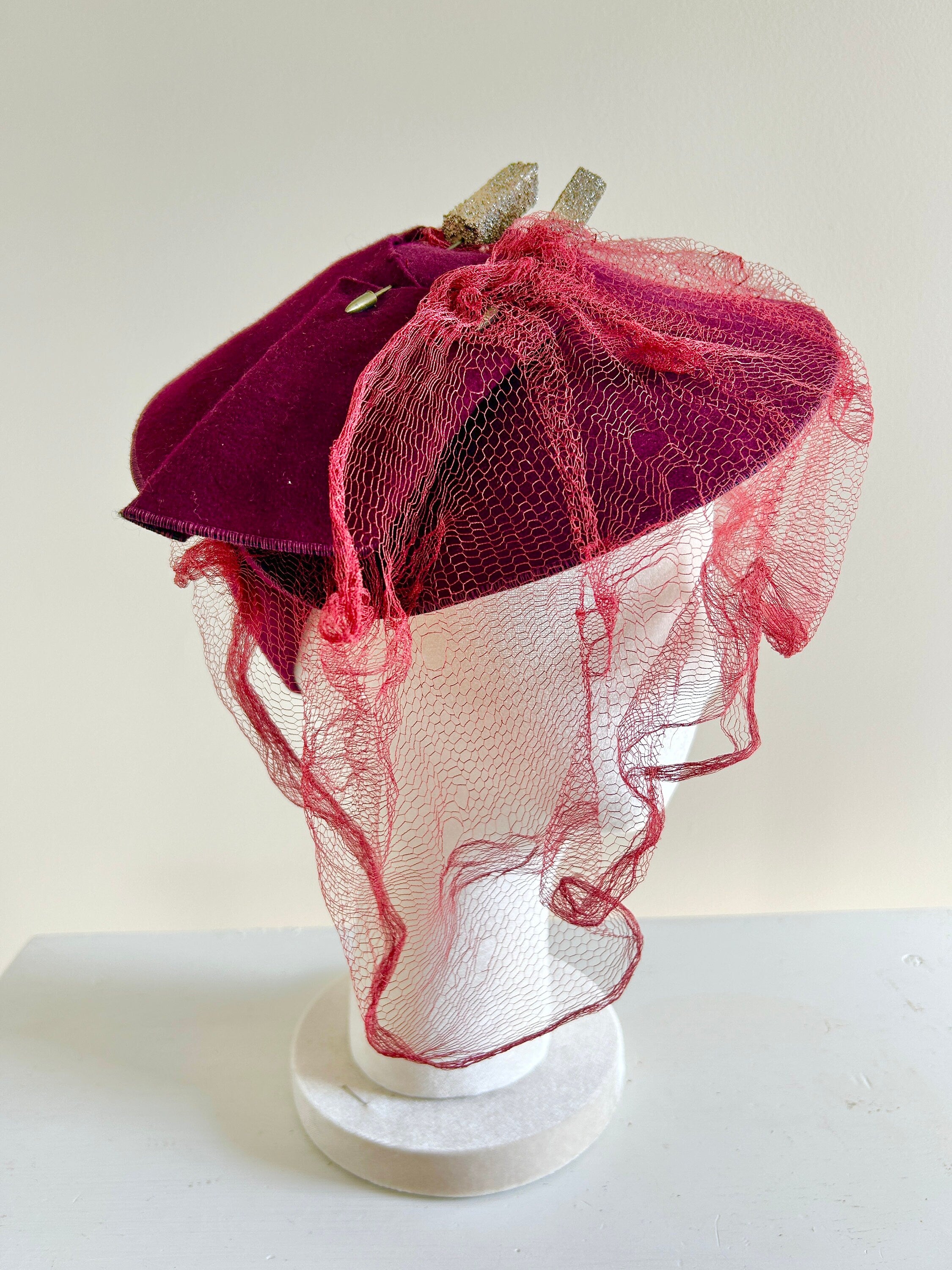 Vintage 1940s Burgundy Veiled Tilt Hat / 40s New York Creation Hat