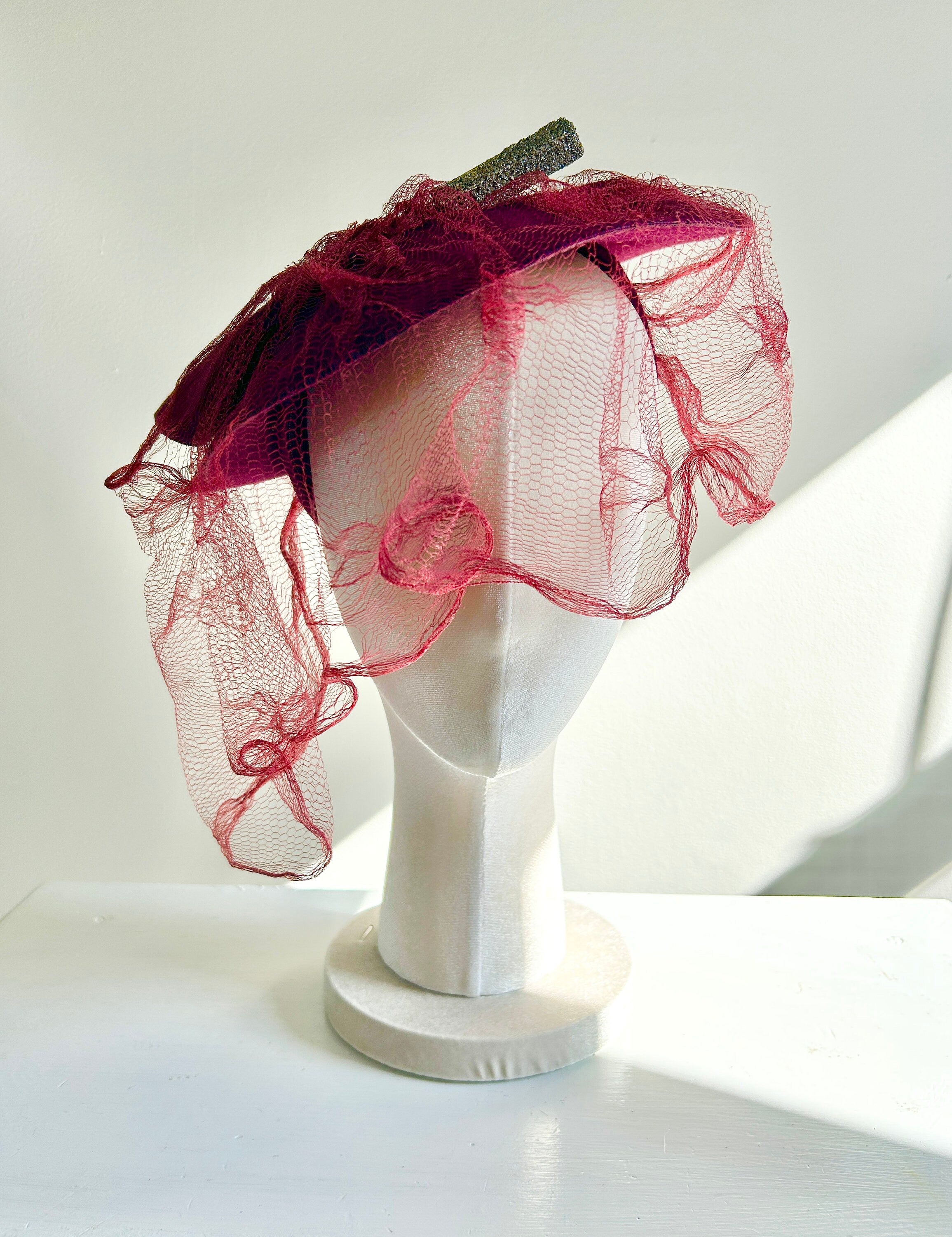 Vintage 1940s Burgundy Veiled Tilt Hat / 40s New York Creation Hat