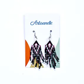 White, Pink and Black Fringe Beaded Earrings