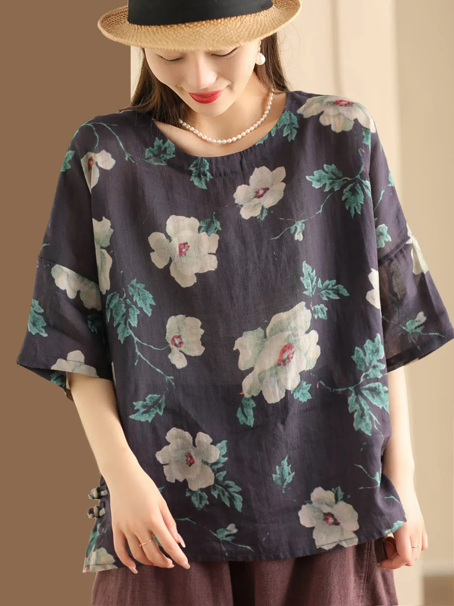 Women Artsy Floral Summer Ramie Pullover Shirt KL1016