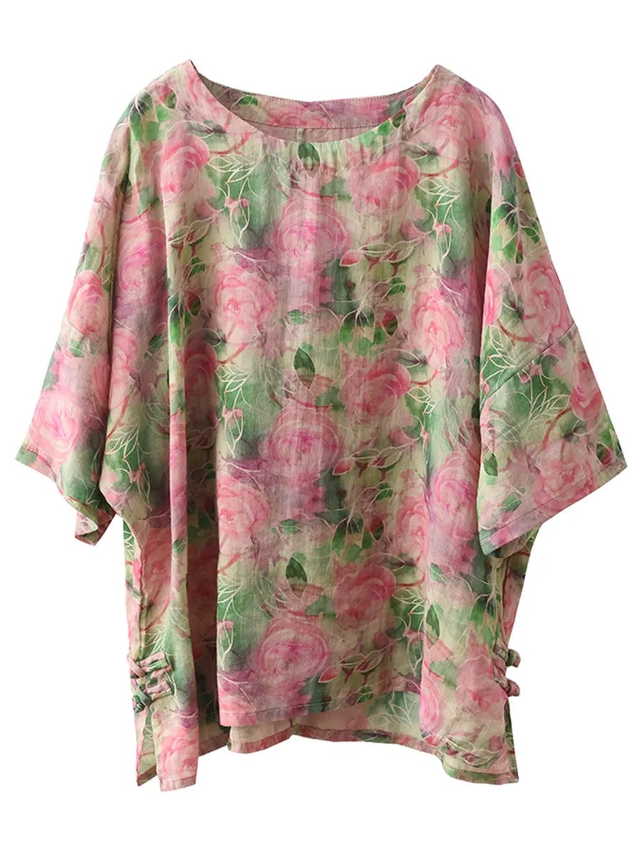 Women Artsy Floral Summer Ramie Pullover Shirt KL1016