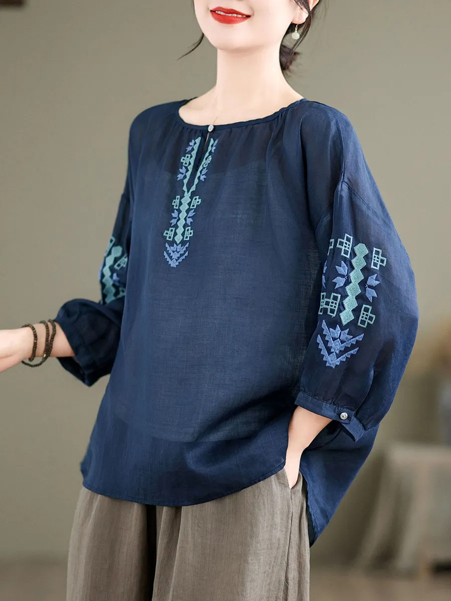 Women Artsy Summer Embroidery O-Neck Ramie Blouse KL1019