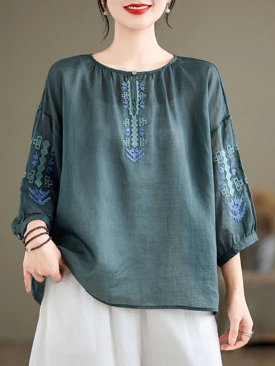 Women Artsy Summer Embroidery O-Neck Ramie Blouse KL1019