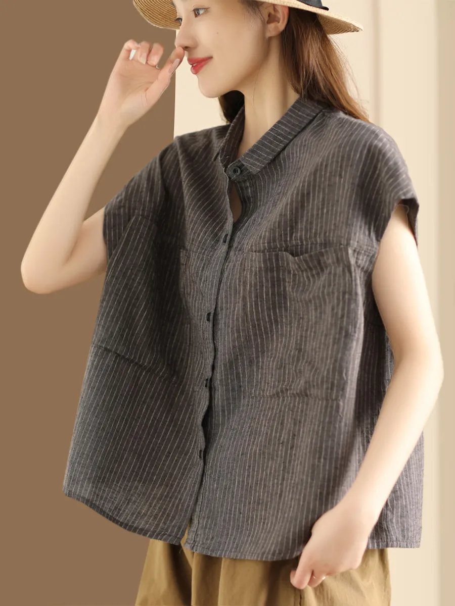 Women Artsy Summer Stripe Linen Button-up Shirt SC1046