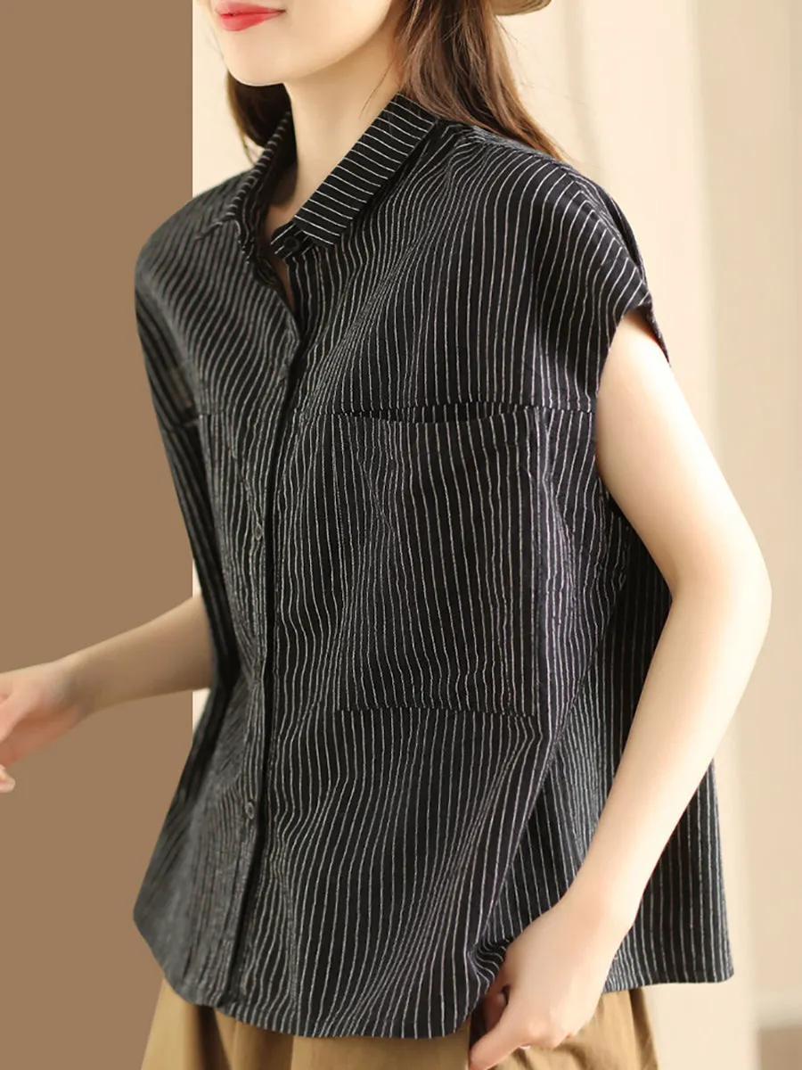 Women Artsy Summer Stripe Linen Button-up Shirt SC1046