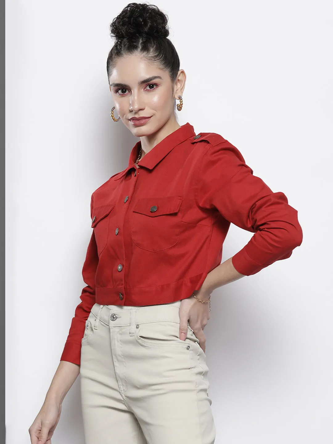 Women Red Twill Crop Jacket