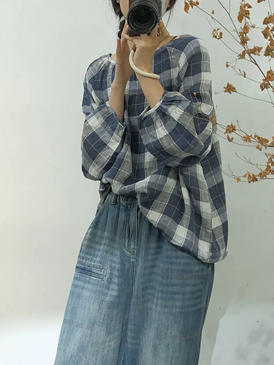 Women Spring Plaid Artsy Linen Loose Blouse KL1048