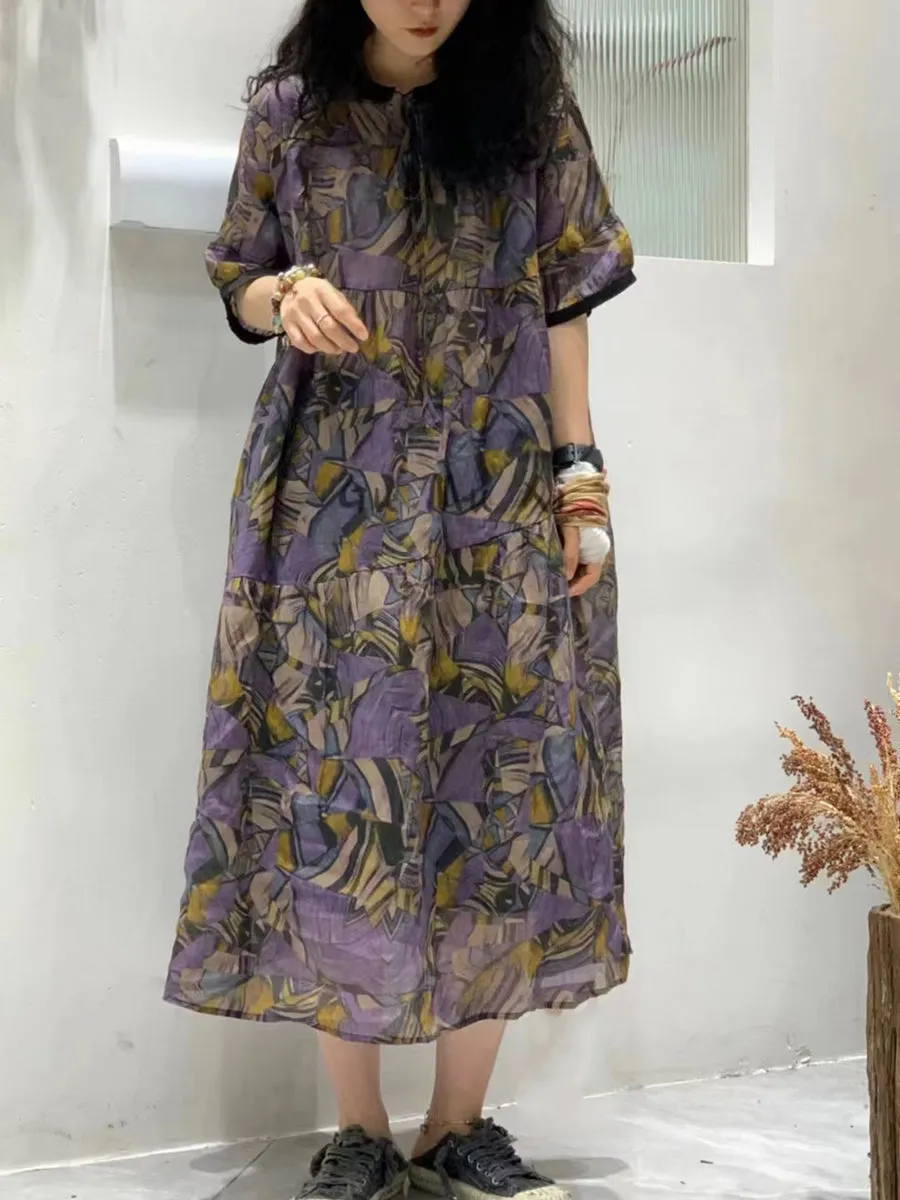 Women Summer Artsy Floral Spliced Ramie Loose Dress SC1038