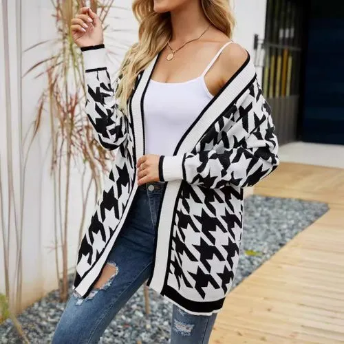 Women's Cardigan Sweater Long Sleeve Sweaters & Cardigans Jacquard Contrast Binding Streetwear Houndstooth