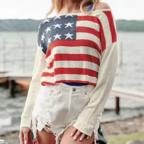 Women's Sweater Long Sleeve Sweaters & Cardigans Contrast Collar Streetwear Color Block American Flag