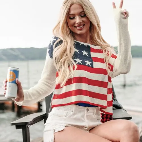 Women's Sweater Long Sleeve Sweaters & Cardigans Contrast Collar Streetwear Color Block American Flag