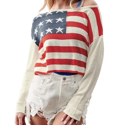 Women's Sweater Long Sleeve Sweaters & Cardigans Contrast Collar Streetwear Color Block American Flag