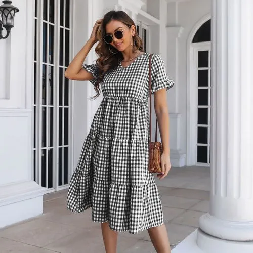 Women's Swing Dress Casual V Neck Short Sleeve Plaid Midi Dress Daily